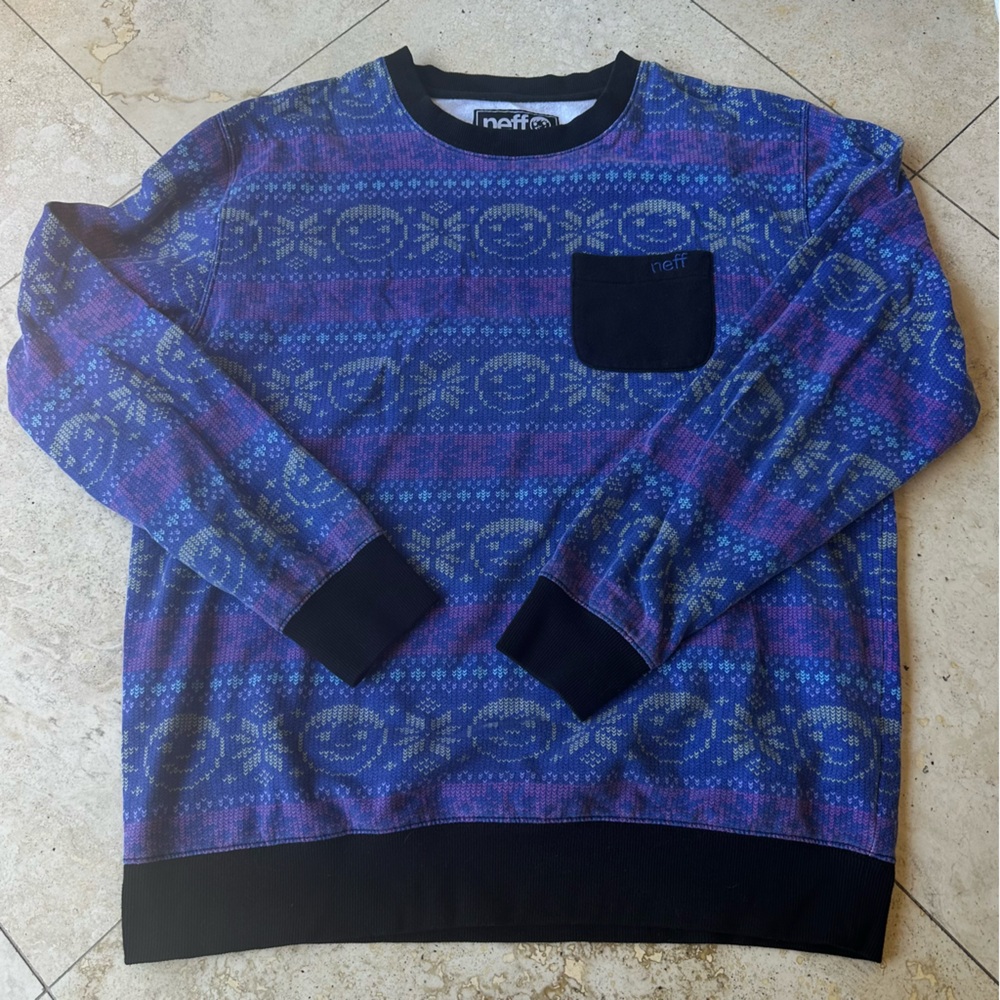 Neff Multicolor Patterned Christmas Holiday Sweater with Black Pocket